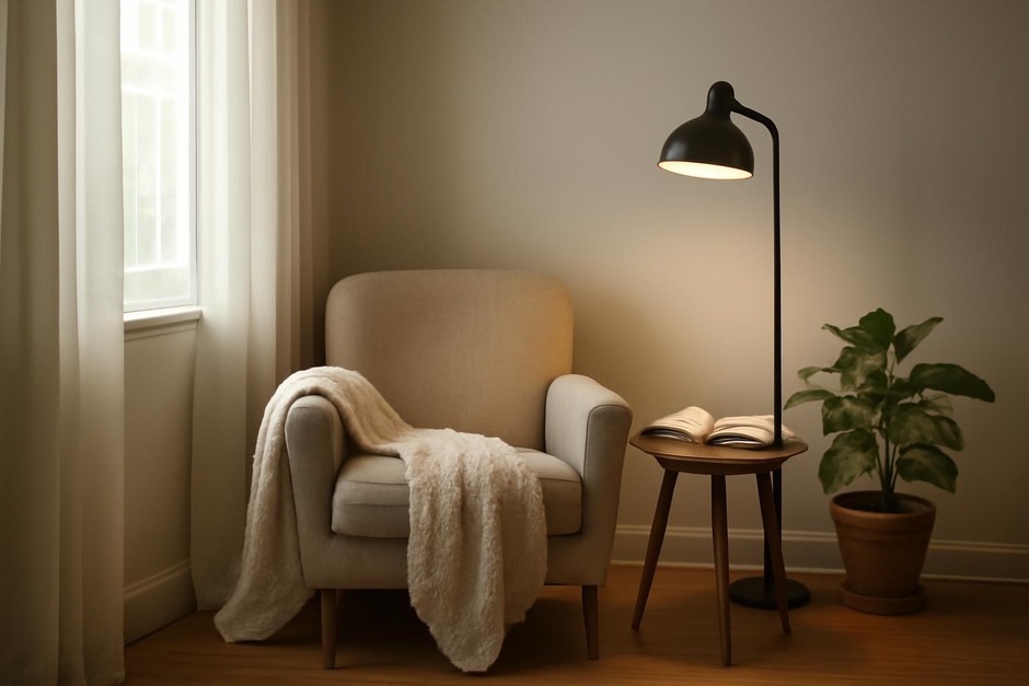 A small cozy corner with a chair, blanket, lamp, and plant