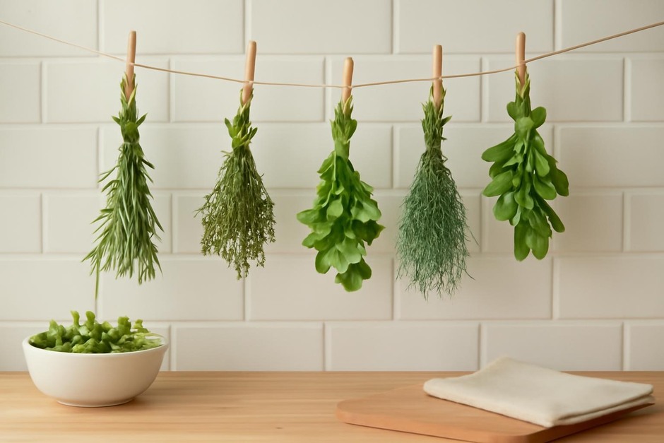Bundles of fresh herbs drying in the kitchen