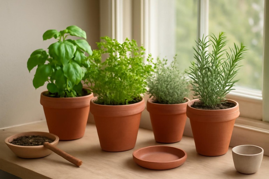 Small windowsill herb station with pots and herbs